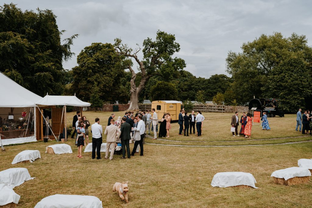 Guests mingling with drinks in a garden setting at golden hour